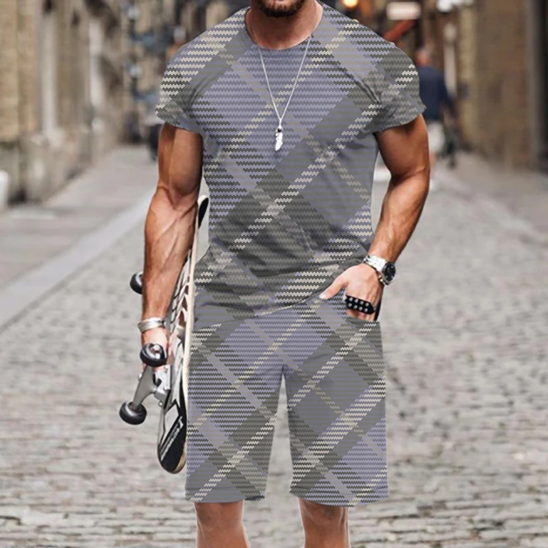 

Men's T-shirt Shorts Set Funny Plaid Stripe Pattern Men/Women Quick Dry Harajuku Beach Streetwear Elastic Waist Fashion Swimsuit