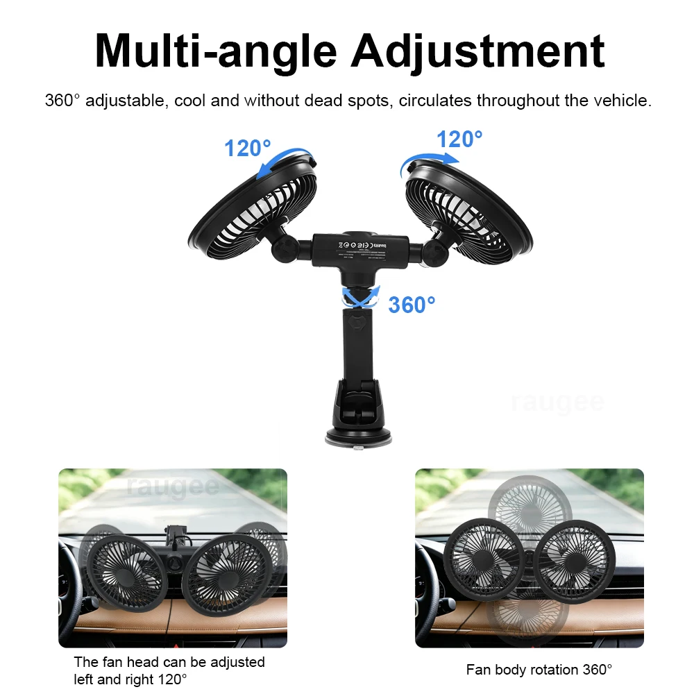 Portable Dual Head USB Car Fan with Suction Cup and 360° Rotation