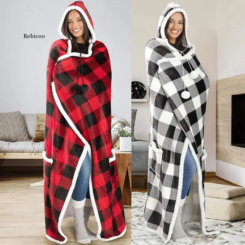 

Клетчатое утолщенное Флисовое одеяло, накидка, зимнее мягкое теплое утяжеленное одеяло, толстовка, плюшевое ленивое длинное пригодное для носки одеяло, Свитшот