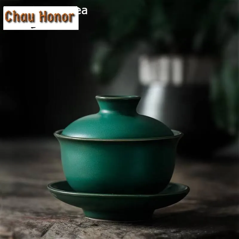 135ml Japanese Turquoise Coarse Gaiwan Vintage Tea Tureen Tea Bowl with Lid Kit Tea Maker Cover Bowl Drinkware Accessories Gift