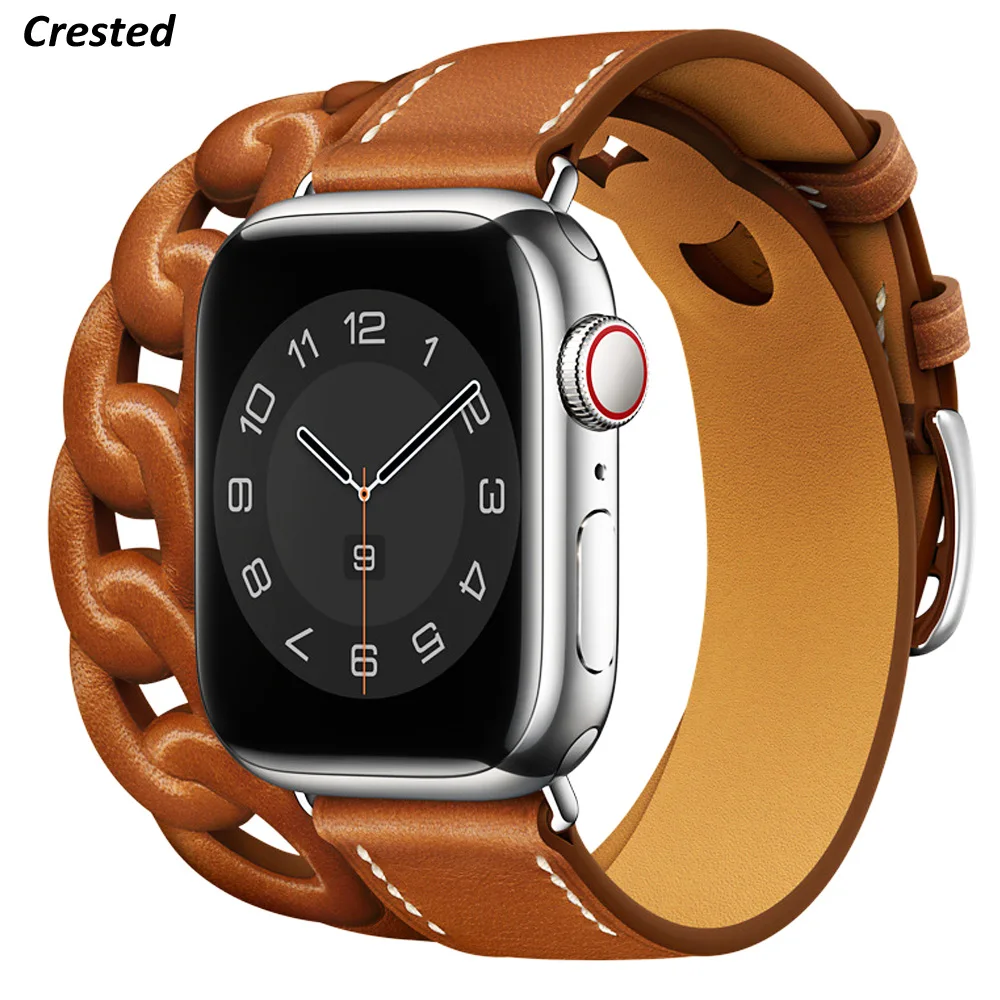 

Gourmette Double Tour For Apple Watch band 40mm 41mm 38mm 44mm 45mm 42mm Genuine Leather bracelet iWatch serie 7 6 5 3 se strap