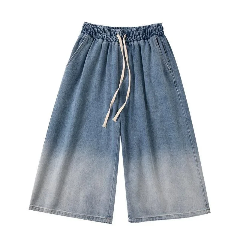 Men's Gradient Denim Cropped Pants Wide-leg Straight Loose Jeans Calf-length Pants men jeans denim pants