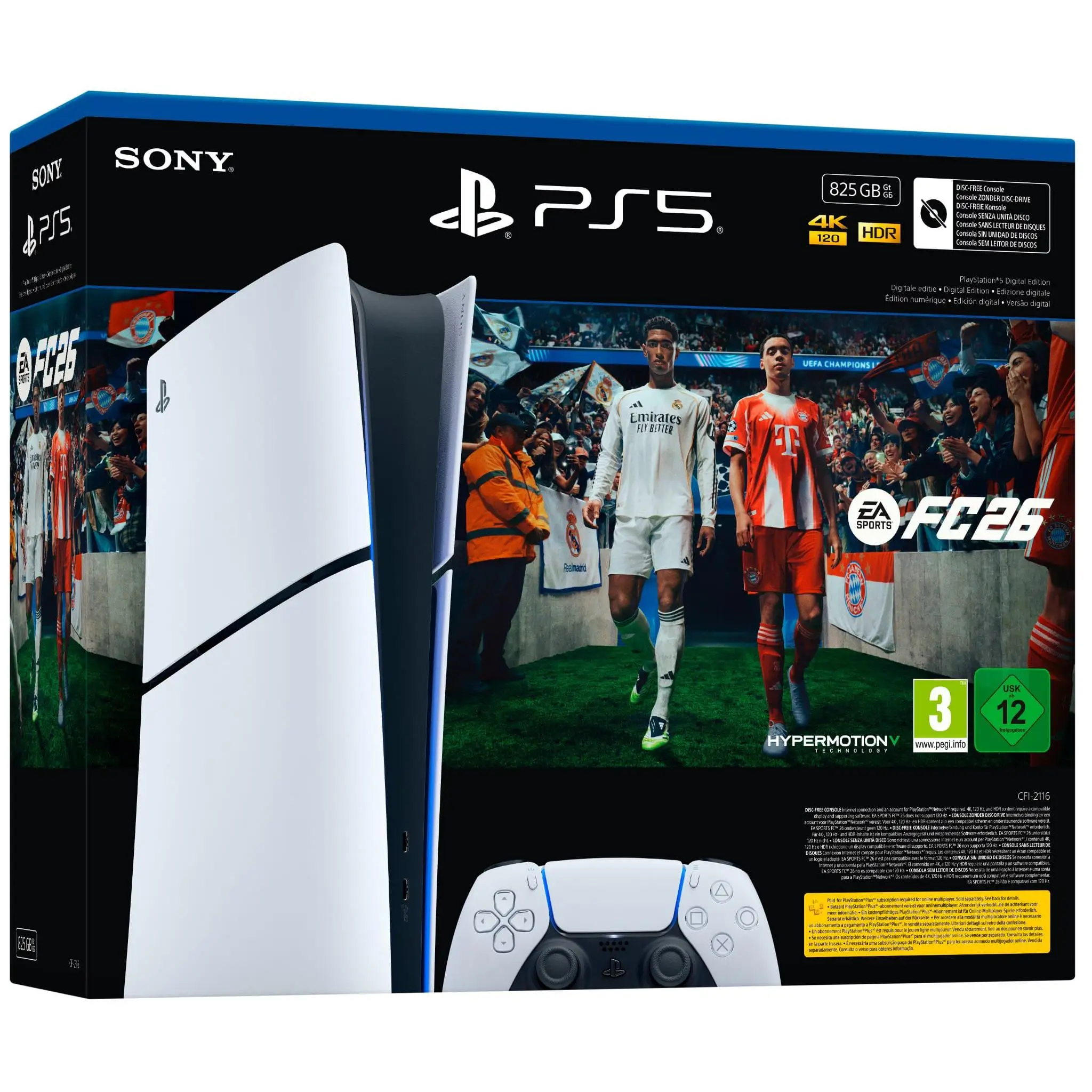 PlayStation 5 Slim Digital Edition Chasis E 825GB Console with EA Sports FC 26, features SSD storage for fast loading, designed for optimal 4K gaming and enhanced audio with Tempest 3D AudioTech.