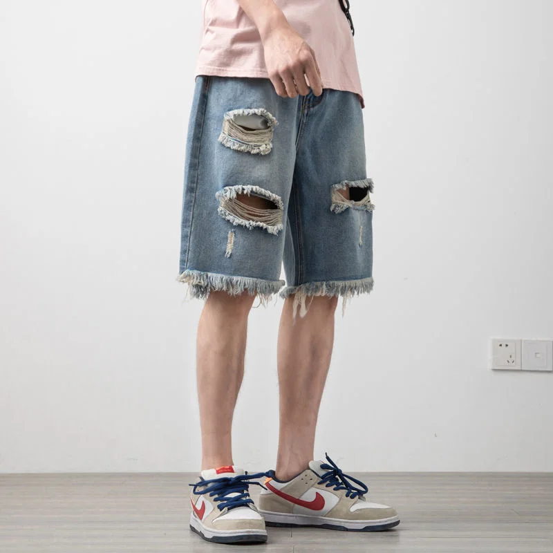 

Summer Ripped Raw Edge Jeans Trend Men's All-match Washed Blue Pockets Shorts Oversize Casual Fashion Straight Denim Pants