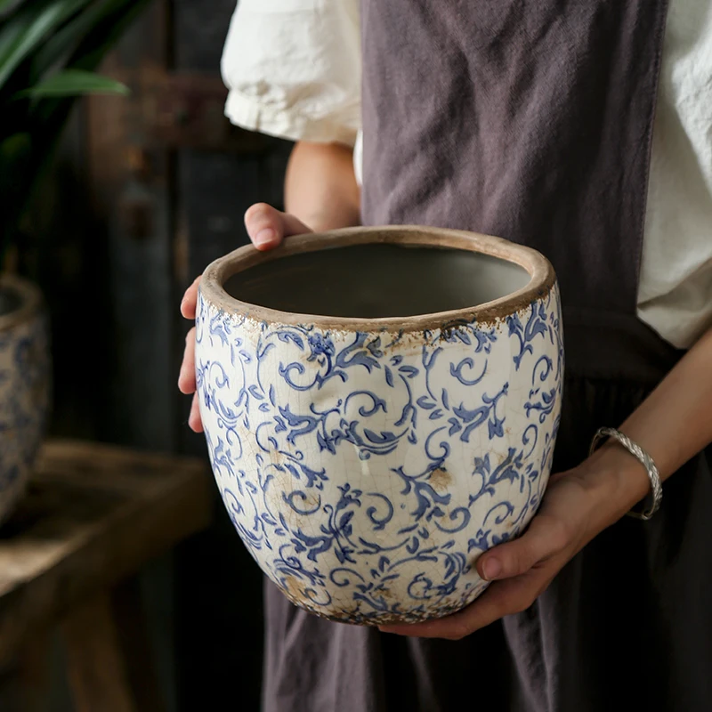 中国古玩　青系花柄陶器製水鉢37cm28cm New Chinese Antique Blue And white Pottery Orchid Butterfly