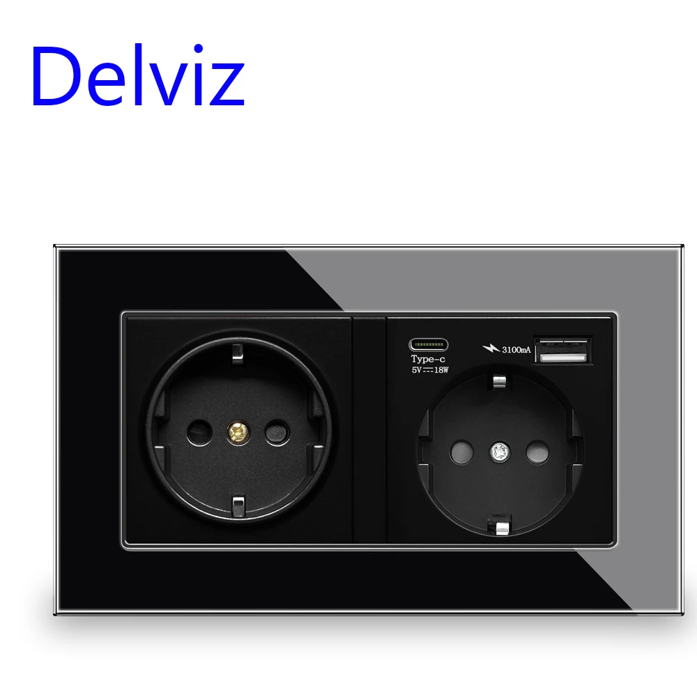 Delviz type C Ports USB Socket, Tempered Crystal glass panel, 5V 18W Quick charge, EU Standard Wall mounted double power outlet