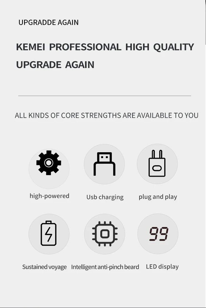 Description Picture 3 of itemKemei T9 USB Electric Hair Cutting Machine Rechargeable Hair Clipper Shaver Trimmer for Men Barber Professional Beard Trimmer