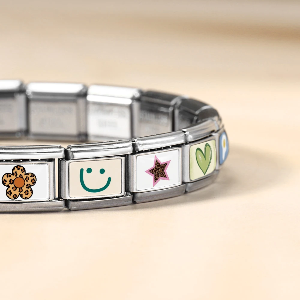 GEMOSA 9mm Lächelnder Leopard Muster Blume Stern Italienischer Charm Schmuck Anhänger Edelstahl Original Design Armband Basteln DIY – Detail 3