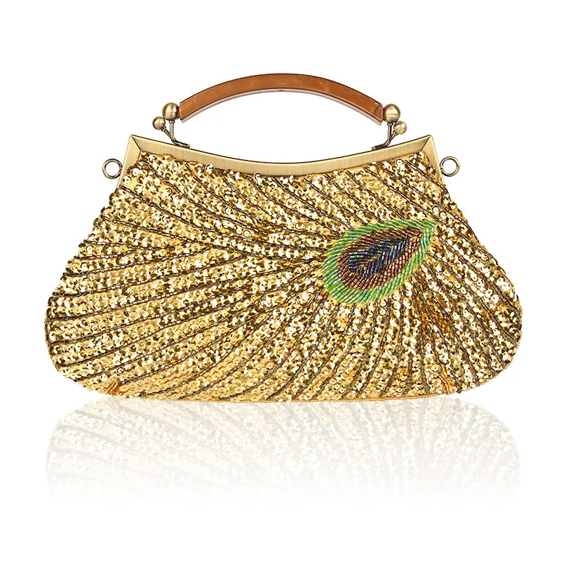 Retro Peacock Blue Evening Bags For Women Fine Sequin Embroidered Clutches Purse Wedding Dinner Party Clutch Handbag With Handle