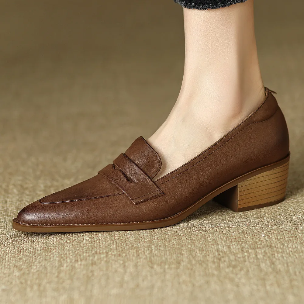

Women heels genuine leather pinted toe slip-on pumps 4cm thick med heel british style casual female OL style dress heeled shoes