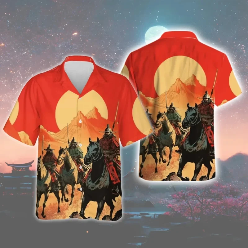 thumbnail image 1 of Camisa con estampado 3D de águila samurái de verano para hombres y mujeres, camisas de moda, camisas hawaianas de manga corta con un solo pecho, blusa, ropa con solapa, 1 of 5
