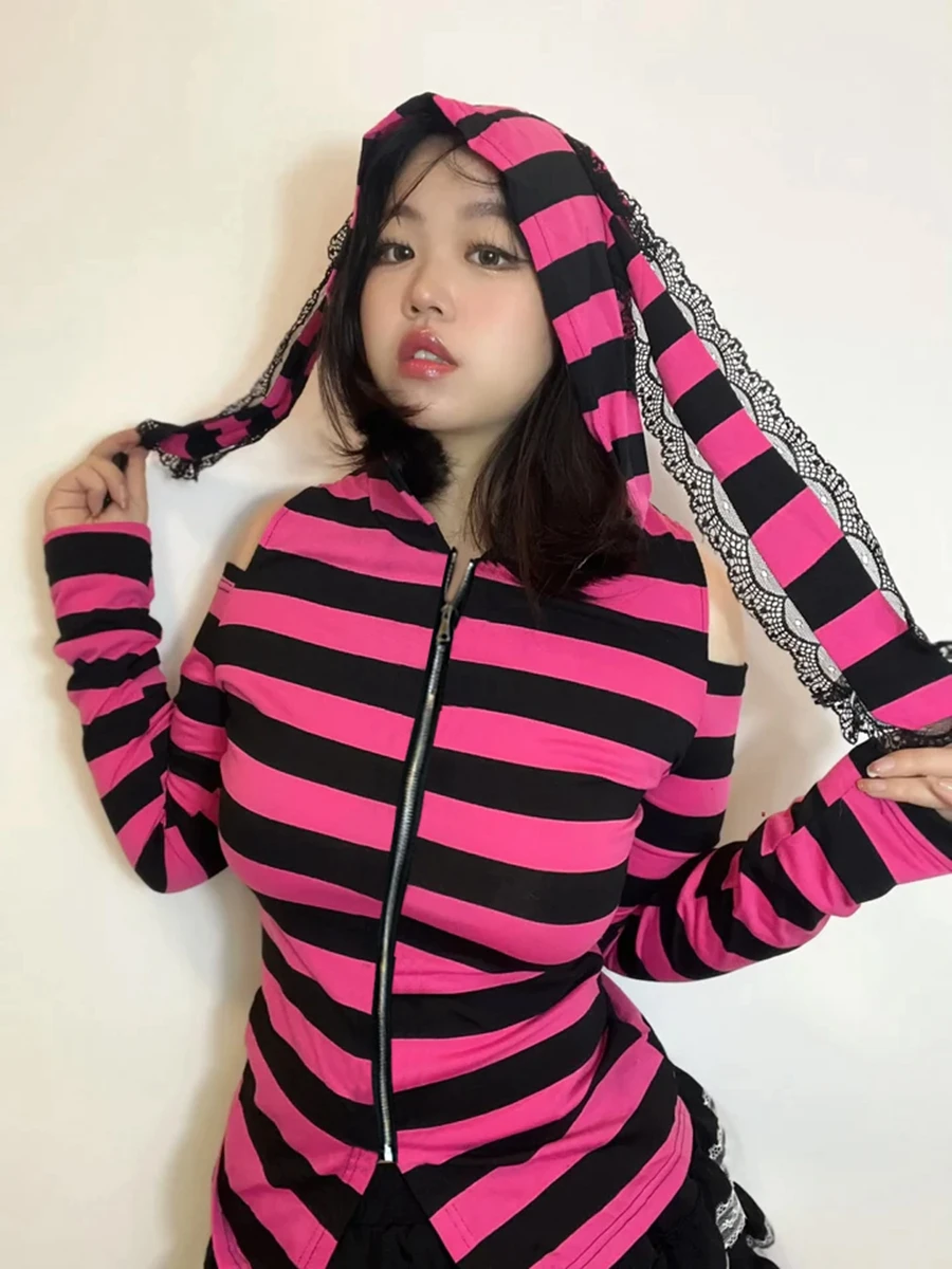 

Combhasaki Women Y2K Striped Print Hoodie Pullover Cold Shoulder Long Sleeve Zipper Closure Sweatshirt Slim Coat with Rabbit Ear