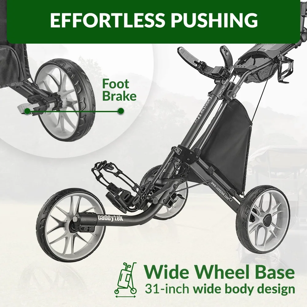 CaddyTek 3 Wheel Golf Push Cart - Foldable Collapsible Lightweight Pushcart with Foot Brake - Easy to Open & Close 6