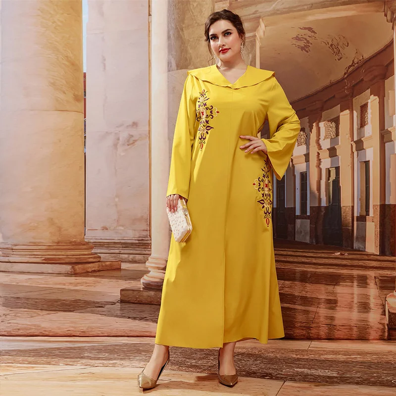 

Abaya For Women Yellow Jellaba Kaftan Robe Loose Dubai 2022 Doll Neck Long Sleeve Embroidered Casual Dress Female Clothing