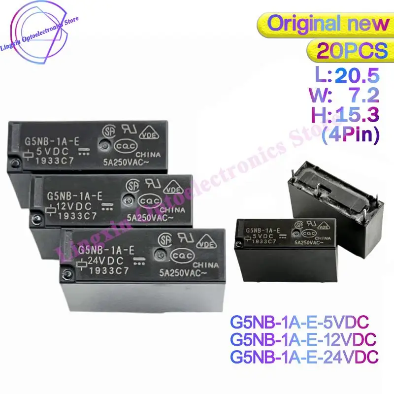 Relé Original do Poder Transporte Livre G5nb1a-e5v G5nb-1a-e-12v G5nb-1a-e-e24v G5nb 1a e 5v 12v 24v dc 4pin 5a 250v Spst-no 20 Pcs
