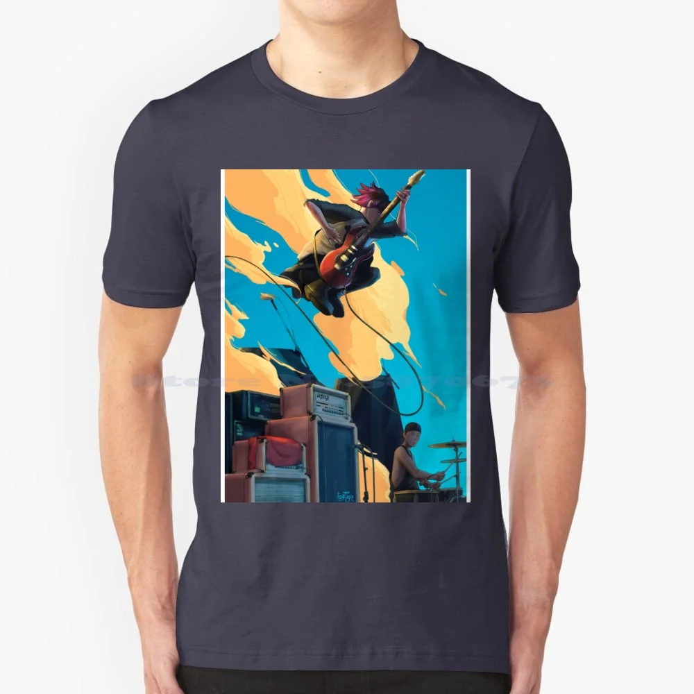 

Valorie T Shirt 100% Cotton Tee Blue Yellow Female Guitar Drums
