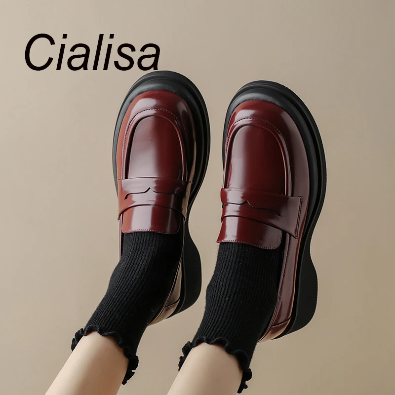

Cialisa Spring Women's Shoes Round Toe Genuine Leather Loafers Casual Thick Heels Female Platform Footwear 2023 New Wine Red 40