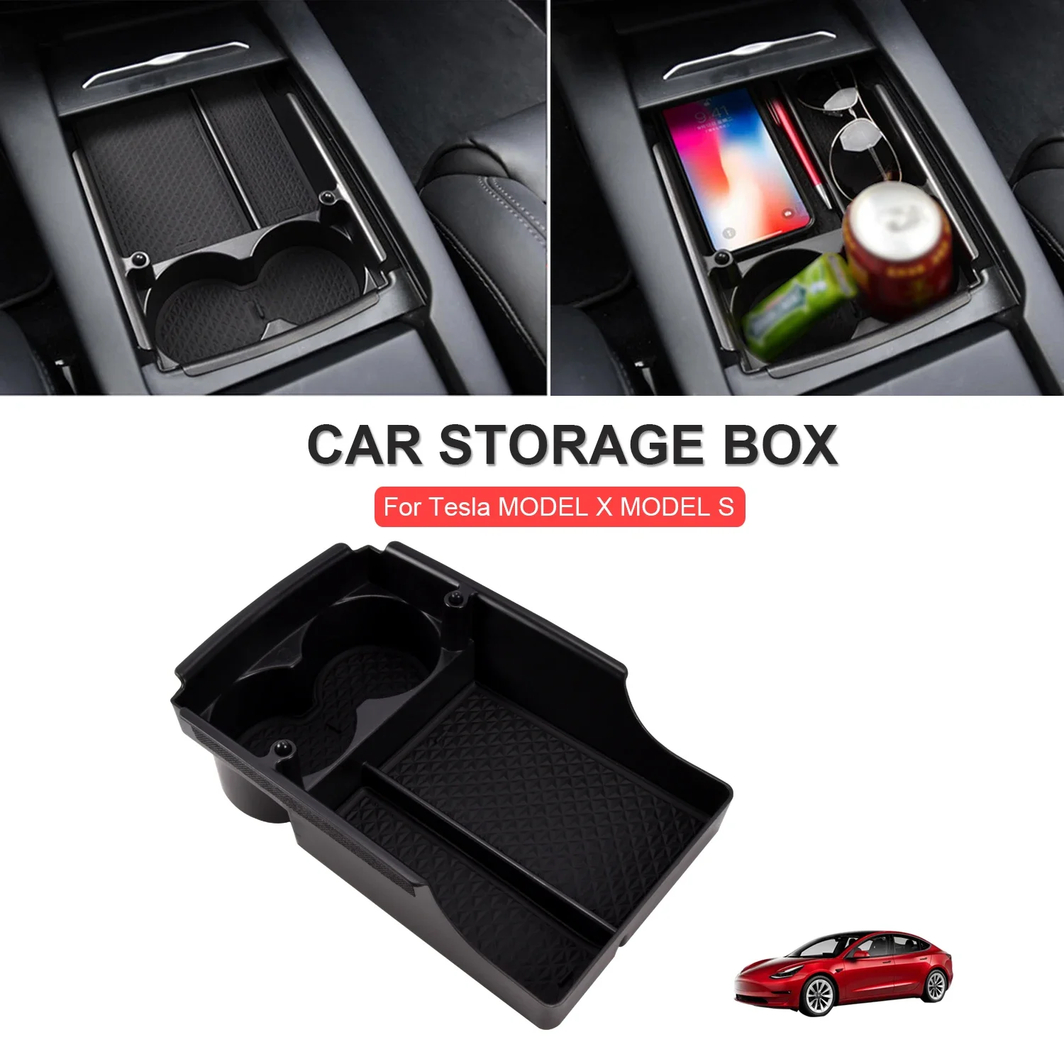 

For Tesla Model X Model S Car Central Armrest Storage Box Trays Cup Holders Organizer Box Stowing Tidying Interior Accessories