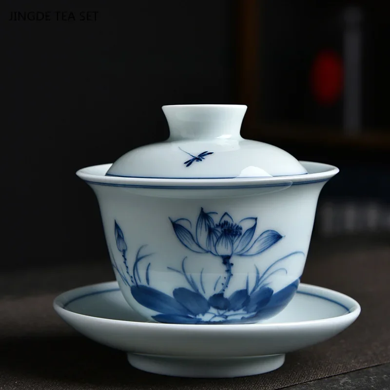 1PCS 140ml Chinese blue and white porcelain gaiwan home high-grade palace style tea maker Chinese beauty small tea bowl