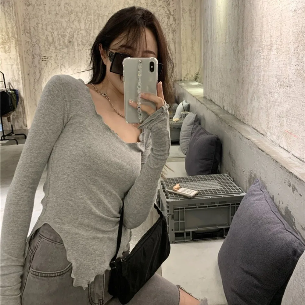 

Irregular Hem Fungus Line T-shirts Slim Knitted Long Sleeve Base Layer Shirt Skinny Side Slits Bottoming Tees Teenager