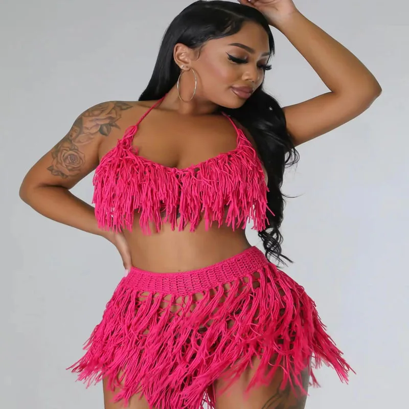 European and American 2024 New Urban Sexy See-through Knitted Hand Crochet Tassel Beach Shorts Suit for Women