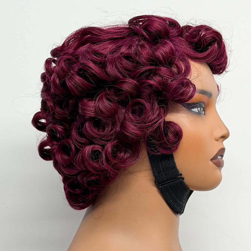 Bouncy Curly Short Human Hair Wigs Glueless Wigs With Bang Full Machine Made Loose Texture Wig Pixie Cut Bob Wig For Women