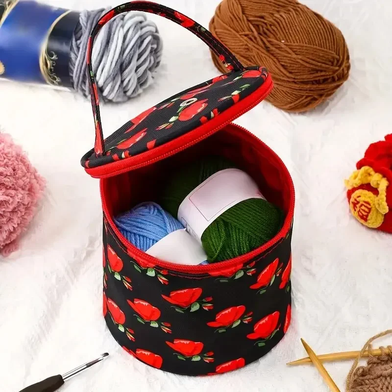 Portable round yarn storage bag knitting bag threaded hole pipe crochet hook tool 1pc