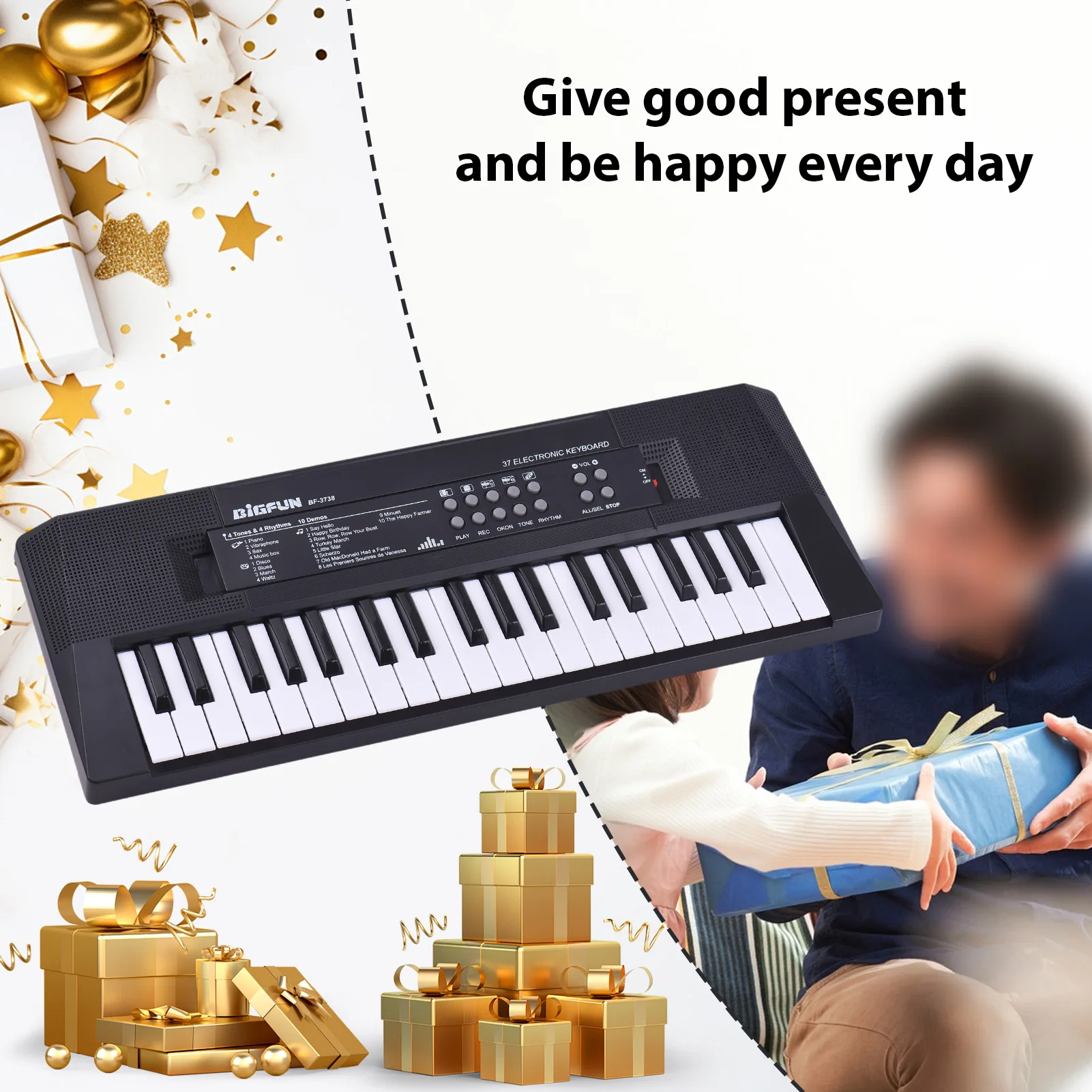 37 Key Electronic Keyboard Piano 4 Tones 4 Rhythms 10 Demos 5 Percussions Single Speaker Musical Instrument with Microphone