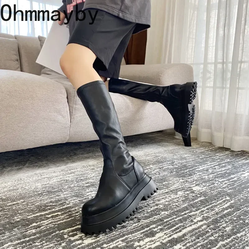 Women Knee High Boots Winter Chunky Platform Heels Round Toe Zipper Thick Sole Ladies Fashion