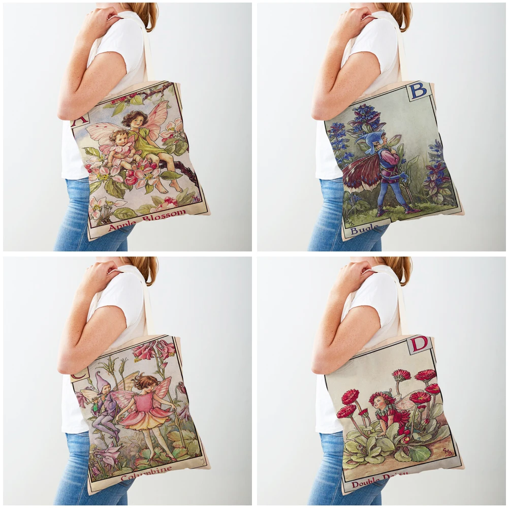 Vintage Floral Cartoon Kid Tote Handbag for Girl Casual Canvas Women Shopping Shoulder Bag Flower Elf Fairy Tale Children