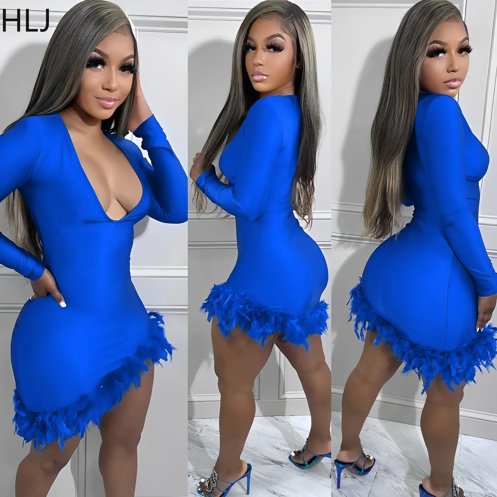 

HLJ Sexy Deep V Fur Mini Dresses Women Solid Color Long Sleeve Bodycon Dress Fashion Slim Party Nightclub Vestidos 2023 Clothing