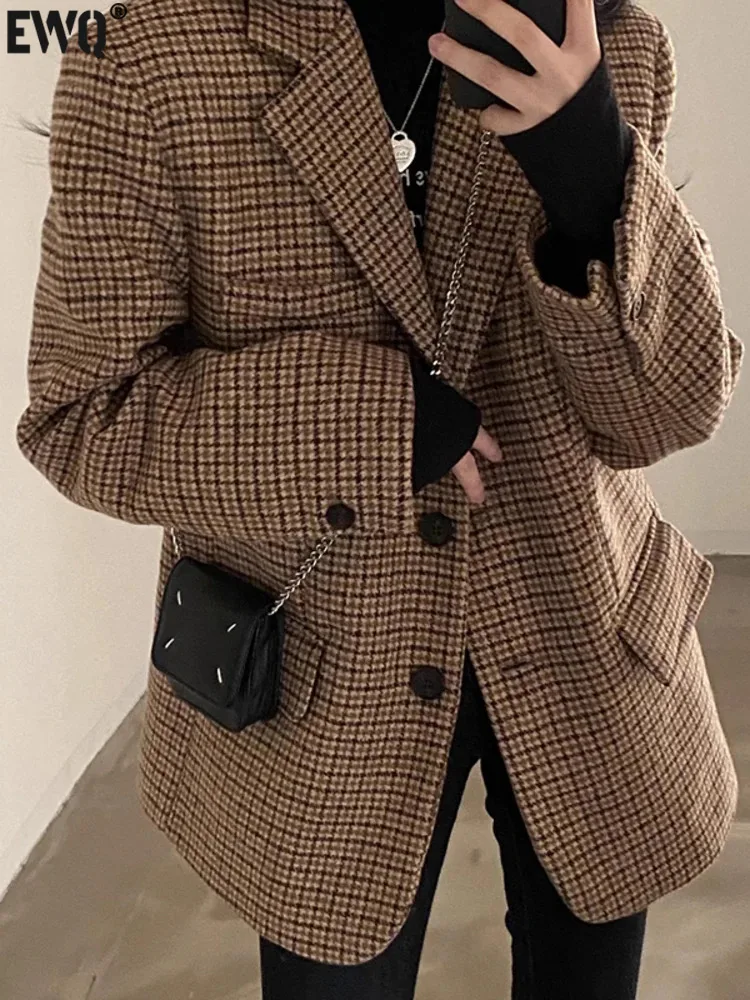 

[EWQ] Plaid Contrast Vintage Blazer Coat For Women Long Sleeve Single Breasted Pocket Suit Jacket 2023 Autumn Winter New 16U4335