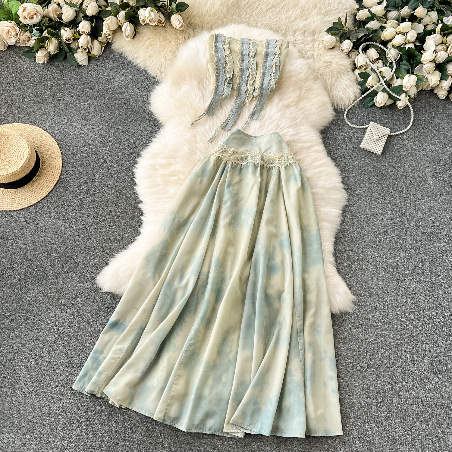 

MSHARBOR 2024 Spring Sweet Mint Green Set Holiday Style Sexy Lace Tie Dye Strapless Top & High Waist Lace Skirt 2 Piece Set