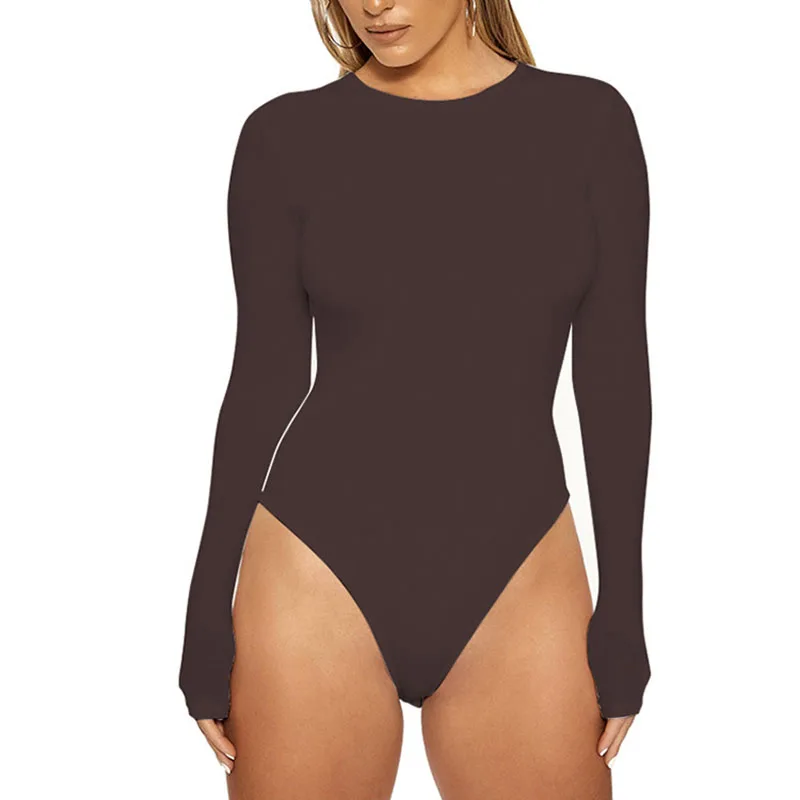 hotSlim Ladies Sexy Bodysuit Solid Fashion Skinny Bodycon Women Bodysuit Long Sleeveles O-Neck Casual Black Beige Female Bodysui