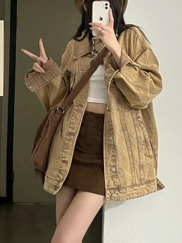 

Винтажная джинсовая куртка с вышивкой, шикарные куртки с длинным рукавом и карманами, пальто, Новинка весна-осень 2023, кофейная верхняя одежда, пальто M353