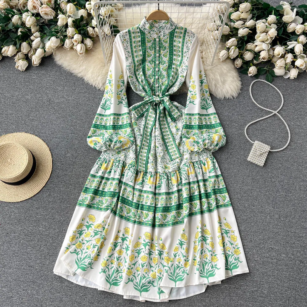 

Spring New Design Sense Printing Fashion Ruffle Edge Women's Waist Tie Up Big Swing Long Dress