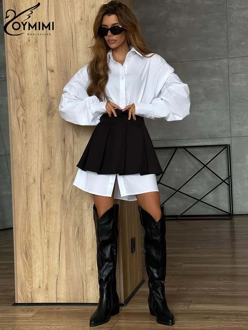 Oymimi Fashion White Patchwork Two Piece Set For Women Casual Long Sleeve Single Breasted Shirts + High Waist Pleated Skirts Set