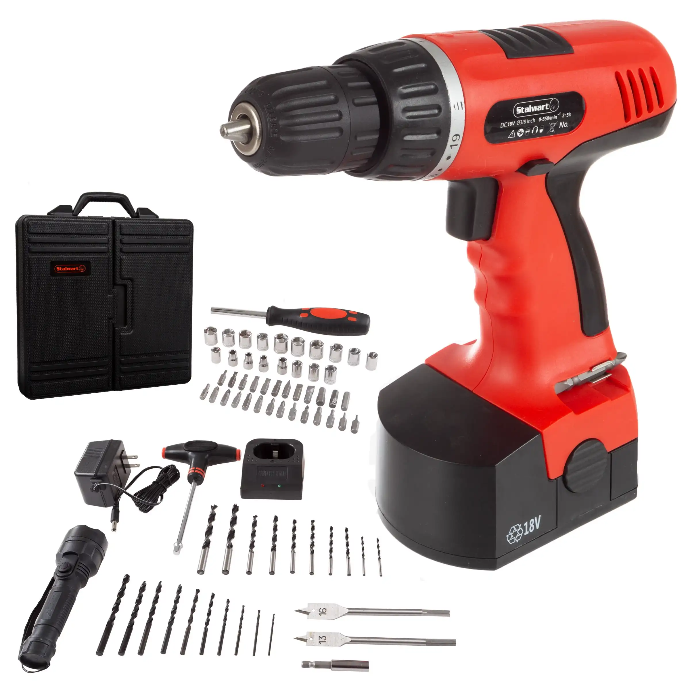 

78PC 18V Cordless Drill Set with Bits, Sockets, and Drivers (Red), (L) 15" x (W) 15.75" x (H) 4.375", Red and Black.