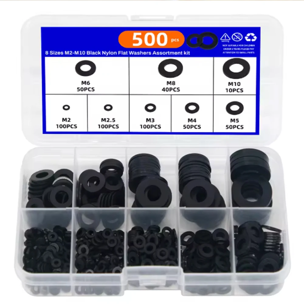 500PCS 8 Sizes M2-M10 Black Nylon Flat Washers Assortment kit M2 M2.5 M3 M4 M5 M6 M8 M10 Plane Spacer Insulation Gasket Ring nylon washers