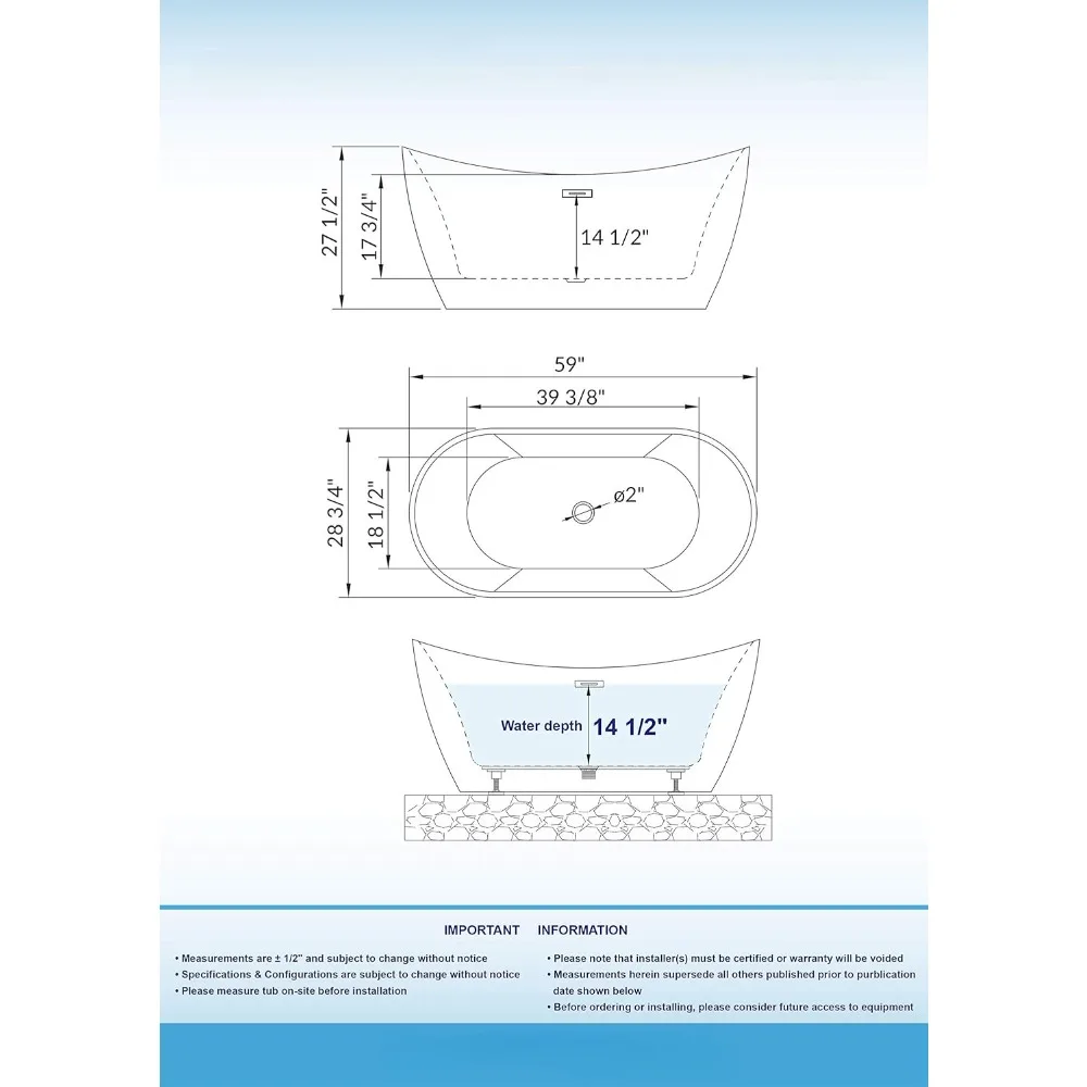 59" Acrylic Contemporary Soaking Tub with Chrome Overflow and Drain，Acrylic and Reinforced with Fiberglass，Freestanding Bathtub 6