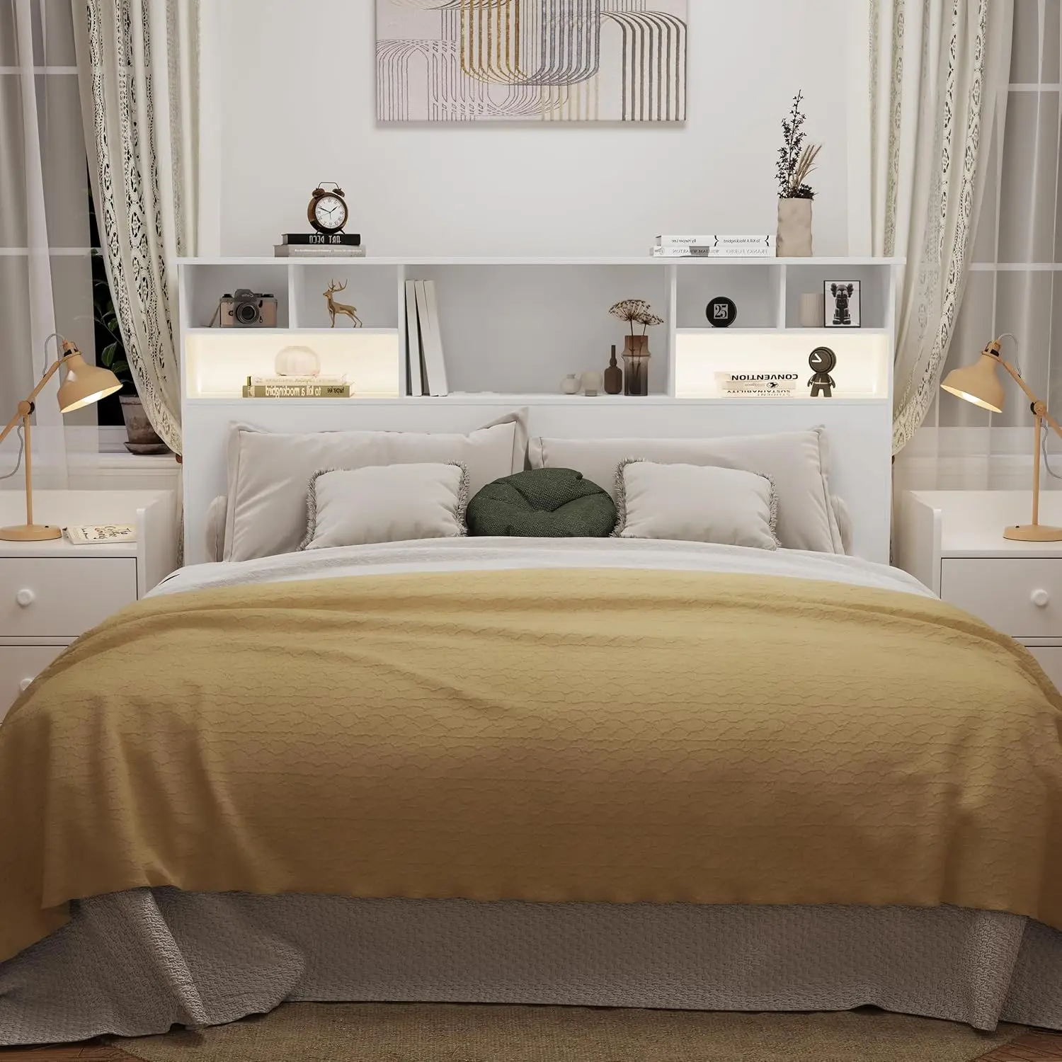 King Size Headboard for Bedroom, & 2 LED Lights, Engineered Wood Headboards, Noise-Free HeadBoard King Size with Storage