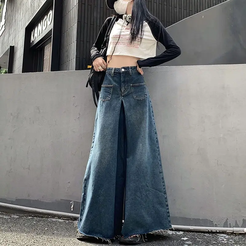 

Oversized Vintage High Waist Jeans High Street Loose Frayed Wide Leg Jeans Fashion Korean Casual Solid Color Straight Trousers