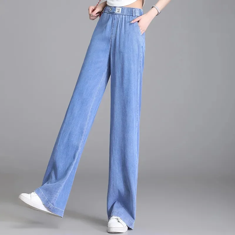 Calça feminina jeans de seda no gelo de perna larga, jeans fino
