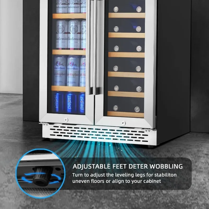 Wine Cooler Beverage Refrigerator 24 inch 20 Bottles & 88 Cans Beverage Fridge Dual Zone Wine Cooler Under Counter Lockable