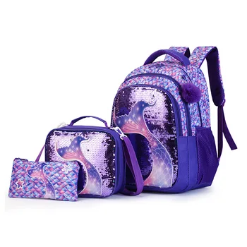 3Pcs/set Mermaid School Backpack Set with Lunch Box Cute Kids cartoon Book Bag Elementary Kindergarten School Bag for Girls 1