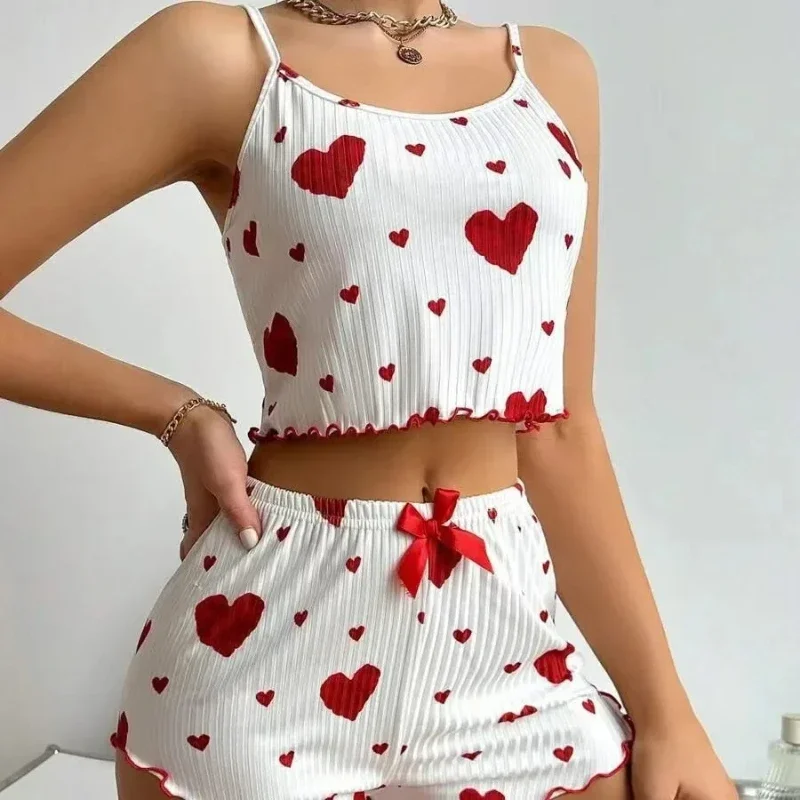 Women Pajamas Set Sleepwear 2 PCS Short Tank Tops And Shorts Set White Ventilate Soft Casual Love Printing Women Sleepwear women pajamas set women pajama suit