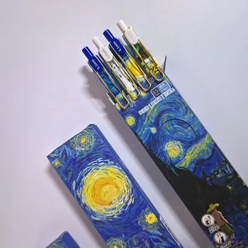 4Pcs/Box Trendy Van Gogh Oil Painting Press Gel Pen Black Ink ST 0.5mm Ballpoint Pens Stationery Quick-Drying Pens Student 1