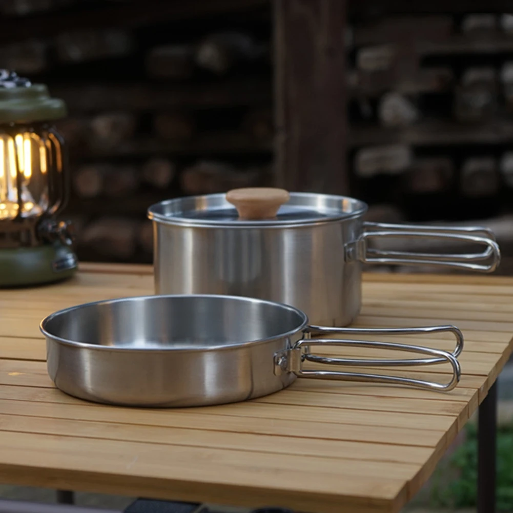 Camping Pot Set Portable Camping Pan Stainless Steel Foldable Handle with Storage Bag Travel Tableware Picnic Equipment