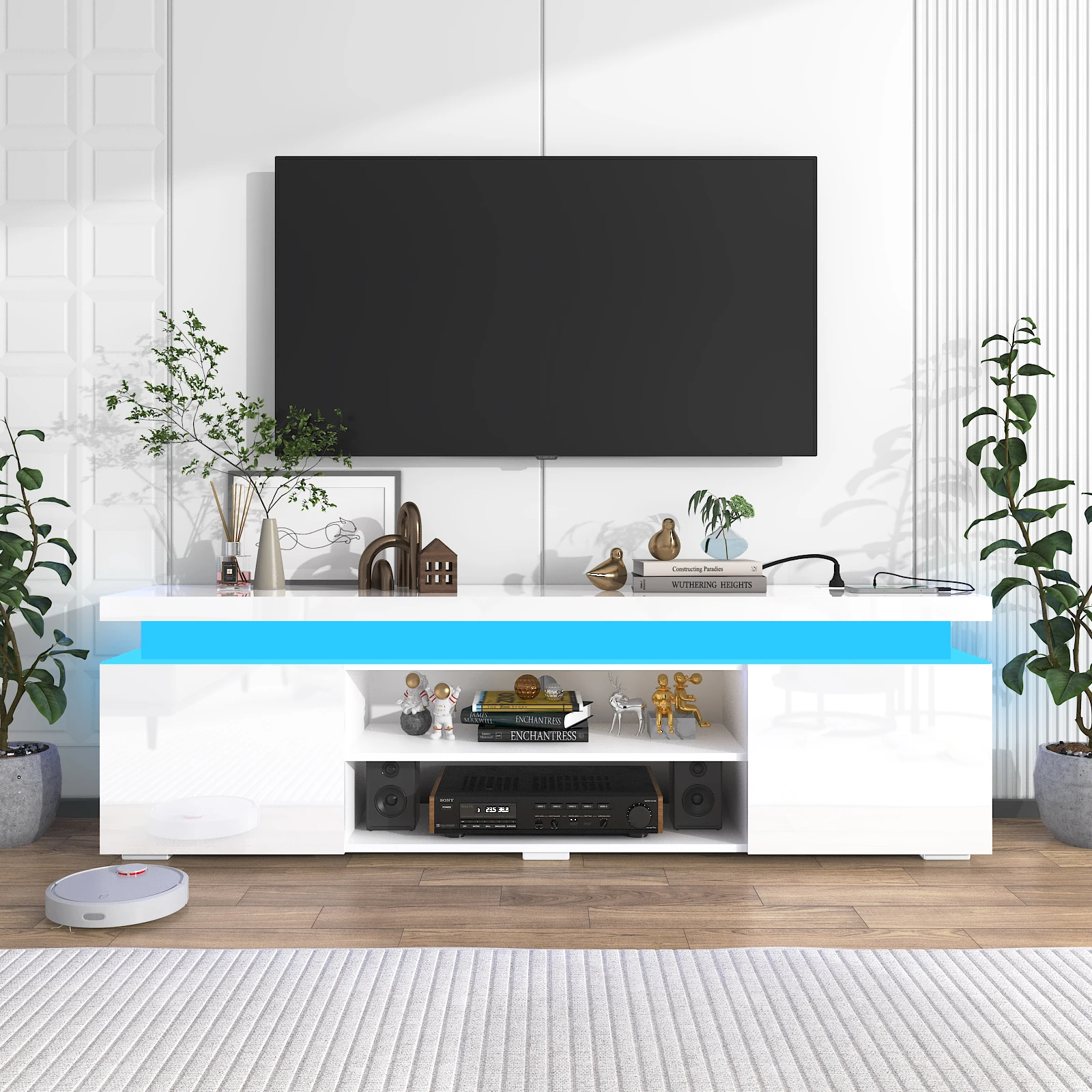 66 Inch LED TV Stand for 70/75 Inch TV, Modern Gaming TV Cabinet with Power Outlet, High Gloss Entertainment Center with Storage 66 Inch LED TV Stand for 70/75 Inch TV, Modern Gaming TV Cabinet with Power Outlet, High Gloss Entertainment Center with Storage