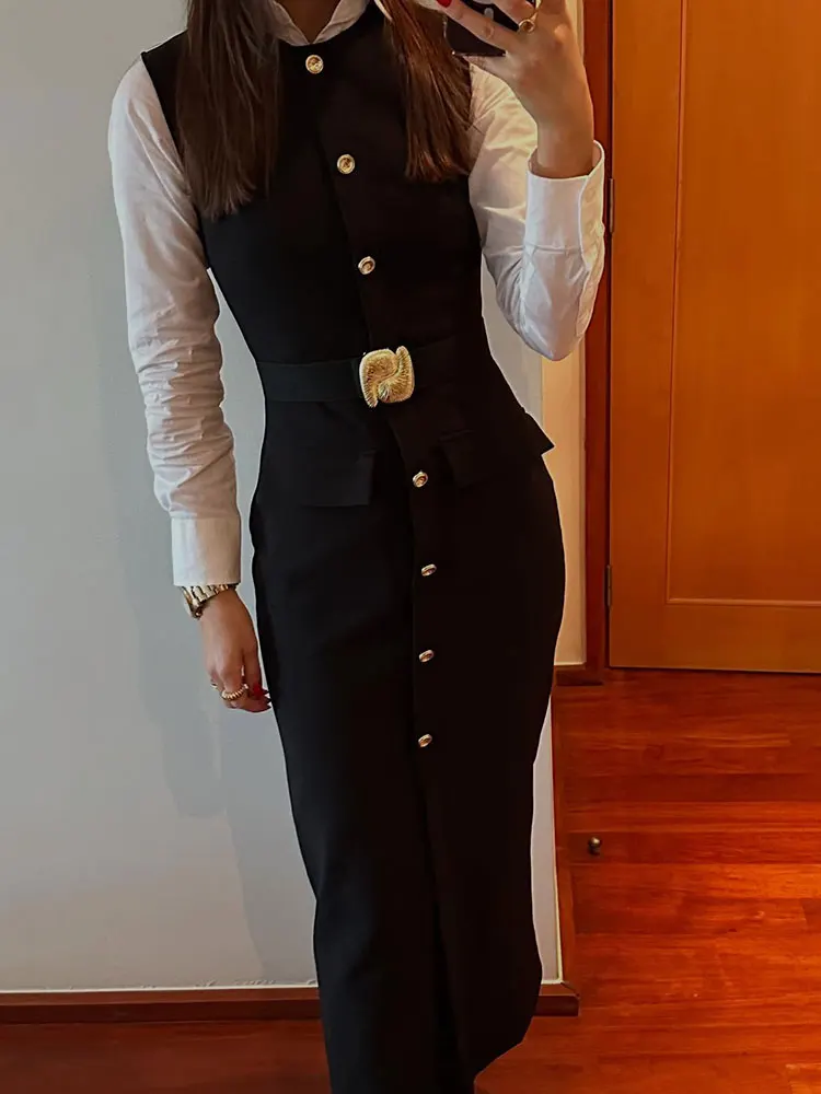 HH Women Elegant Black Dress O Neck Single Breasted Sleeveless Dresses With Belt Summer Casual Office Lady Dress Vestidos